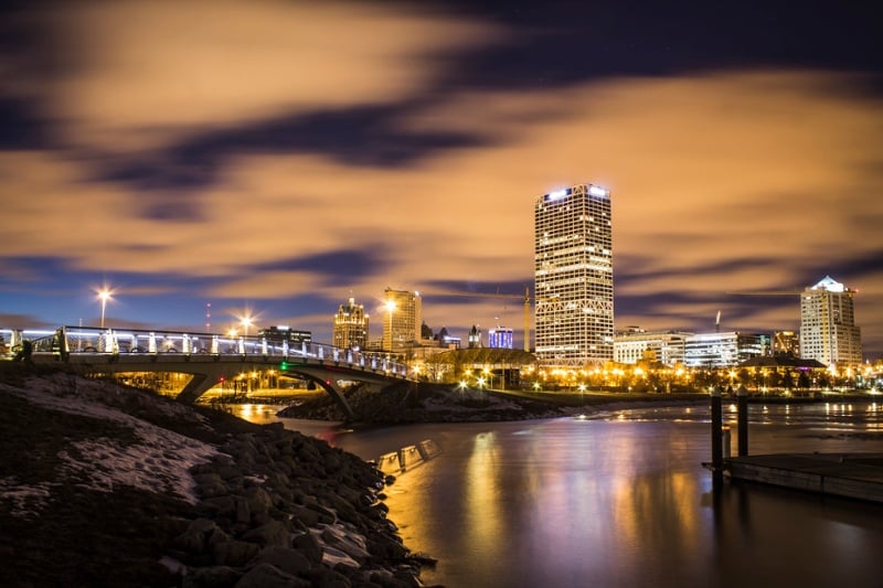 Downtown Milwaukee skyline and advertising on NPR with WUWM